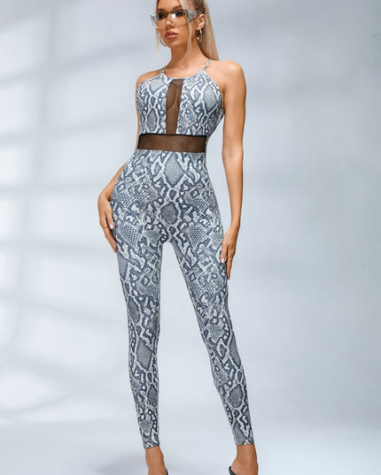 🖤ZASUWA Female Sexy Fishnet Snake Print Backless Jumpsuits