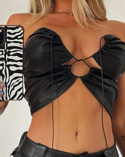 ZASUWA Female Sexy Faux Leather Backless Lace-up Sports Bras