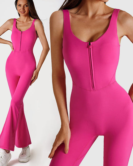 ZASUWA Female Solid Color Zipper Flare Seamless Jumpsuit