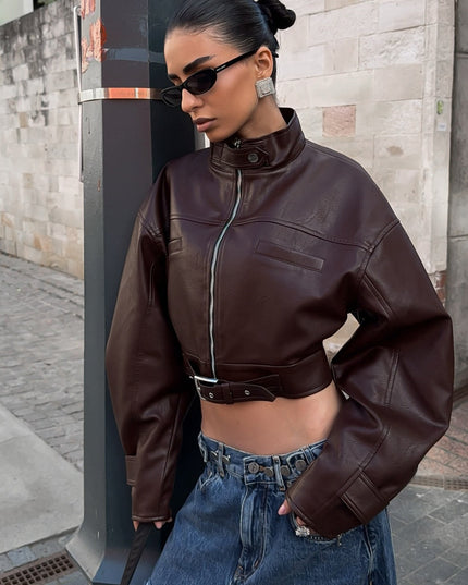 ZASUWA Female Zipper PU Trench Collar Buttons Jackets