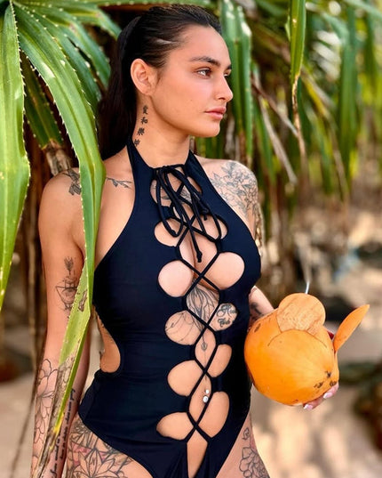 ZASUWA Female Roman-knot Hollow Out Halter One Piece