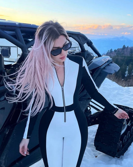 ZASUWA Female "SciFi Heroine" Contrast Color PU Half Zipper Jumpsuit