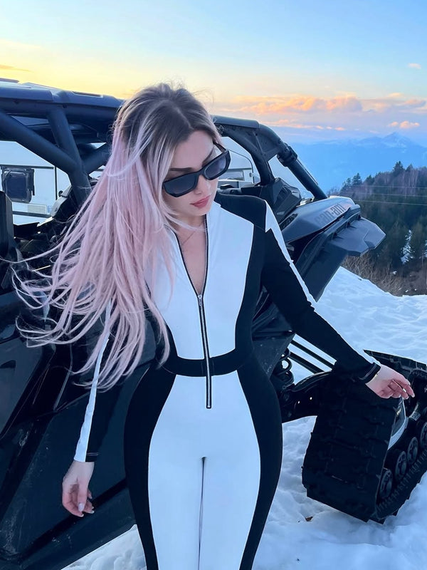 ZASUWA Female "SciFi Heroine" Contrast Color PU Half Zipper Jumpsuit