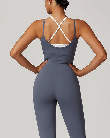 ZASUWA Female Contrast Color U Collar Cross Back Jumpsuits