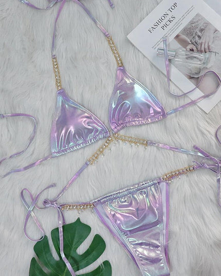 ZASUWA Female Sexy Glossy Laser Faux Leather Bikini Set