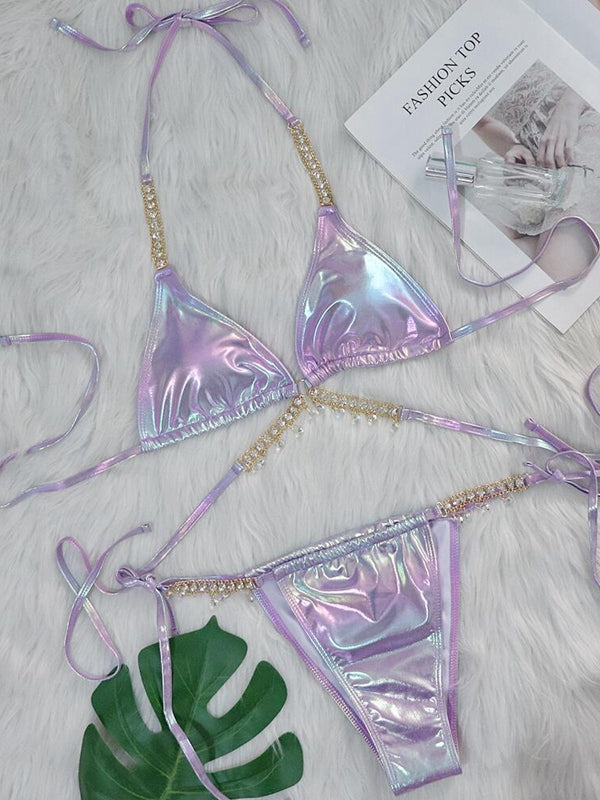 ZASUWA Female Sexy Glossy Laser Faux Leather Bikini Set