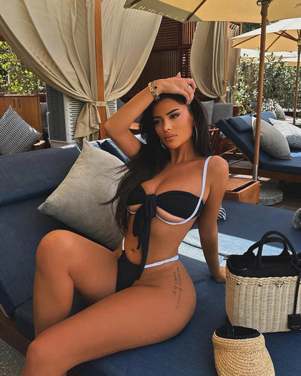 ZASUWA Female Sexy Contrast Color Bow-knot Lace-up Hollow Out Bikini Set