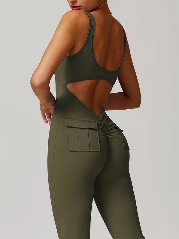 ZASUWA Female Sexy Cutout Pocket Flare Booty Cargo Jumpsuit