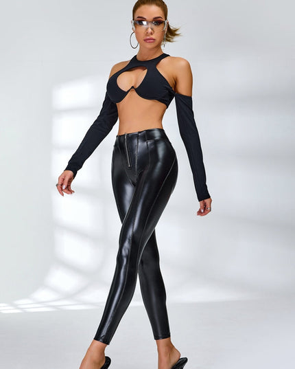 ❤ZASUWA Female Fly-Eye Faux Leather Push-Up Zipper Hip-lift Leggings