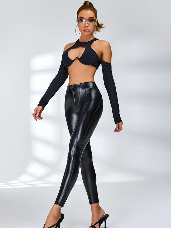 ❤ZASUWA Female Fly-Eye Faux Leather Push-Up Zipper Hip-lift Leggings