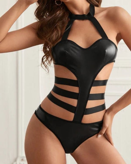 ZASUWA Female Glossy PU Faux Leather Stripe Holloe Out One Piece Lingerie