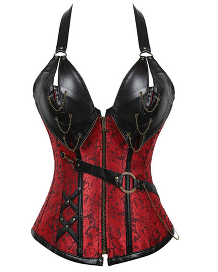 ZASUWA Female PU Faux Leather Zipper Print Corset Shapewear