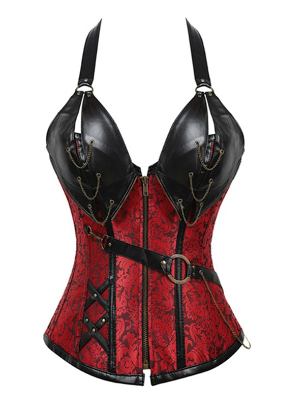 ZASUWA Female PU Faux Leather Zipper Print Corset Shapewear