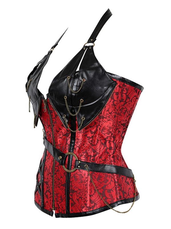 ZASUWA Female PU Faux Leather Zipper Print Corset Shapewear