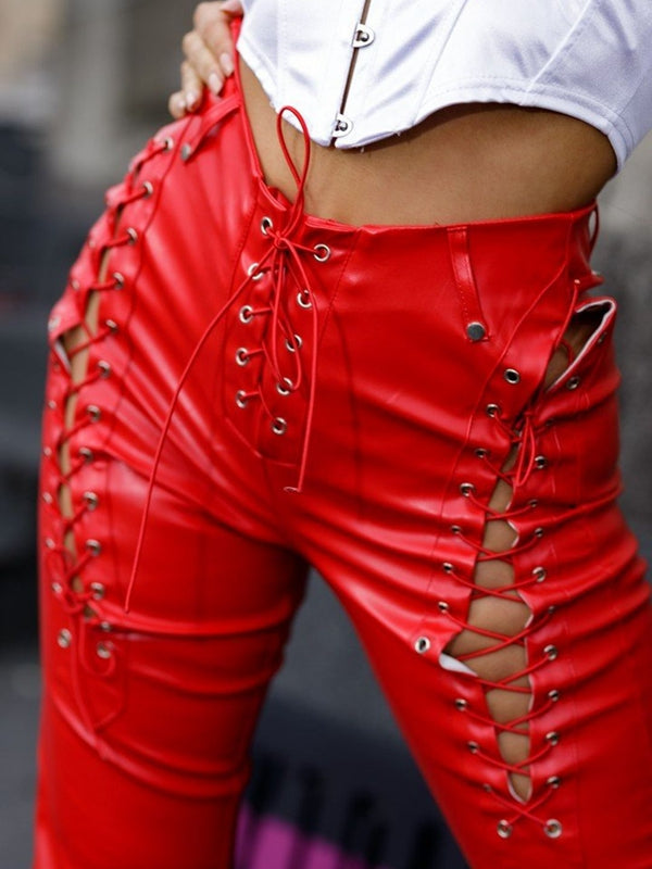 ZASUWA Female PU Faux Leather Lace-up Leggings