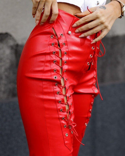 ZASUWA Female PU Faux Leather Lace-up Leggings