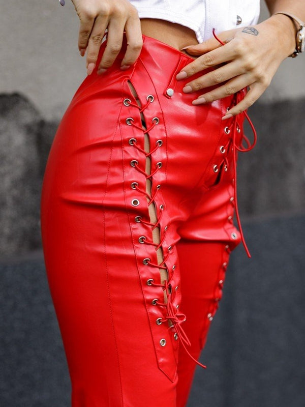 ZASUWA Female PU Faux Leather Lace-up Leggings