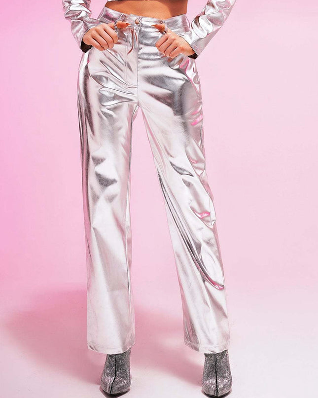 ZASUWA Female Faux Leather PU Glossy Pocket Pants