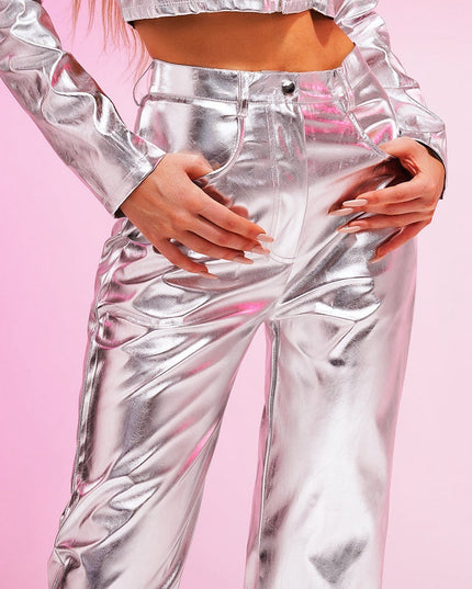 ZASUWA Female Faux Leather PU Glossy Pocket Pants