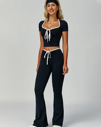 ZASUWA Female Contrast Color V-neck Lace-up Short Sleeves