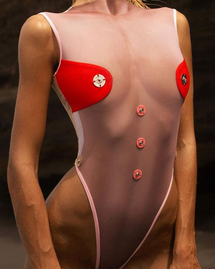 ❤ZASUWA Female Contrast Color Mesh Buttons Print Lace-up Hollow Out One Piece