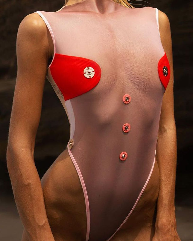 ❤ZASUWA Female Contrast Color Mesh Buttons Print Lace-up Hollow Out One Piece