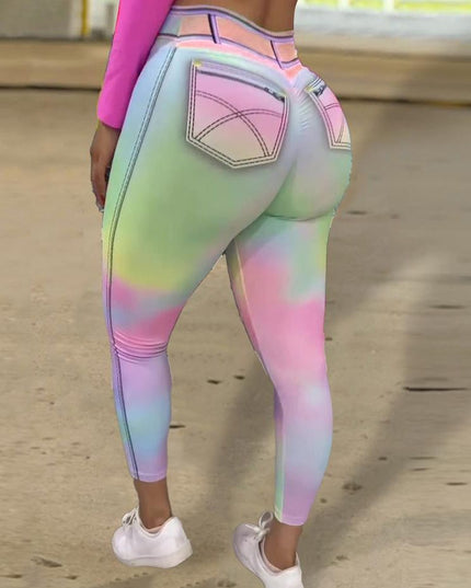 ZASUWA Female Hot Tie Dye Faux Denim Scrunch Bum Contrast Color Leggings