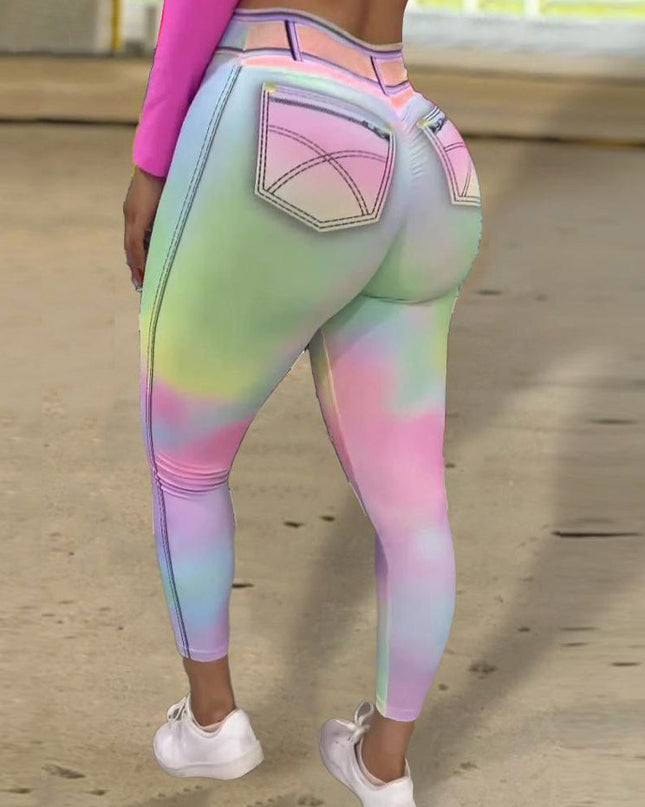 ZASUWA Female Hot Tie Dye Faux Denim Scrunch Bum Contrast Color Leggings