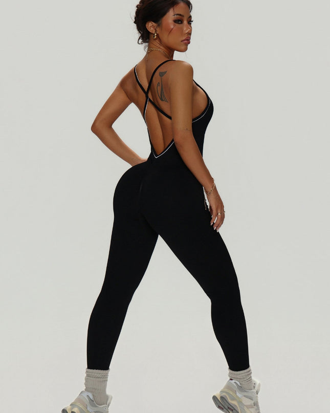 ZASUWA Female Sexy Cross Back Contrast Color Elastic Tight Quick Dry Jumpsuit