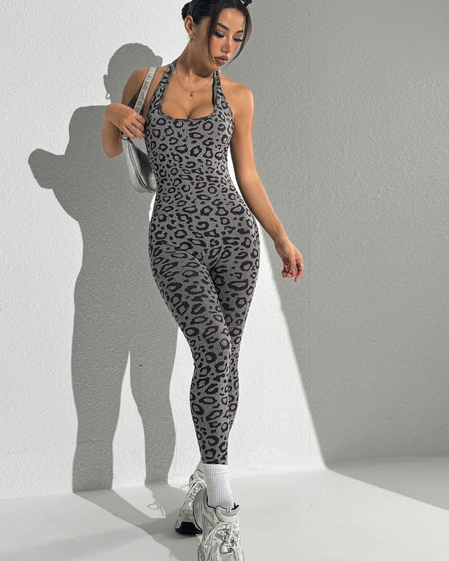 ZASUWA Female Sexy Fashion Leopard Print Hollow Out Backless Jumpsuit