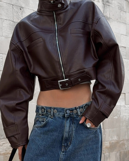 ZASUWA Female Zipper PU Trench Collar Buttons Jackets