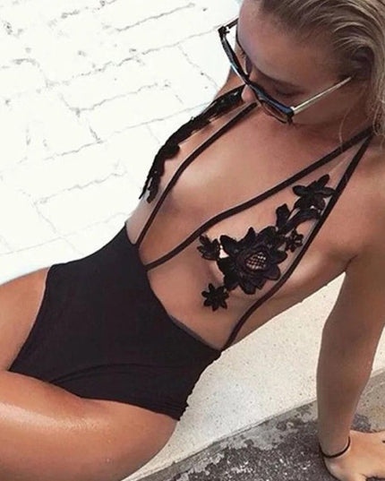 ZASUWA Female Sexy Mesh Splicing Print Deep V Backless One Piece