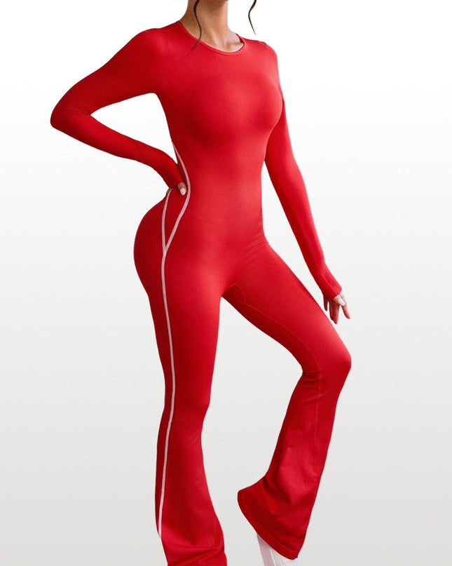 ZASUWA Female Backless Ribbed Scrunch Bum Long Sleeves Flared Jumpsuit