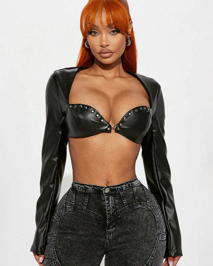 ZASUWA Female Rivet Sexy Glossy Faux Leather Crop Top Long Sleeves