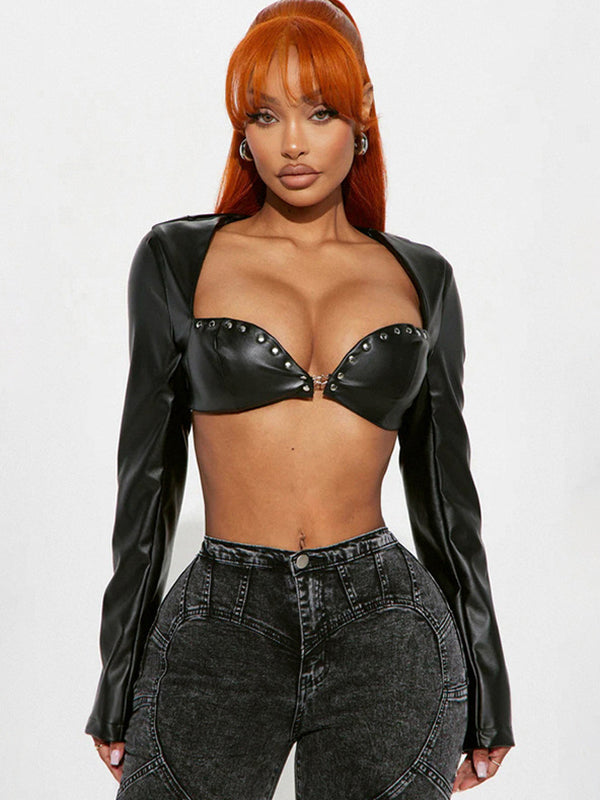 ZASUWA Female Rivet Sexy Glossy Faux Leather Crop Top Long Sleeves