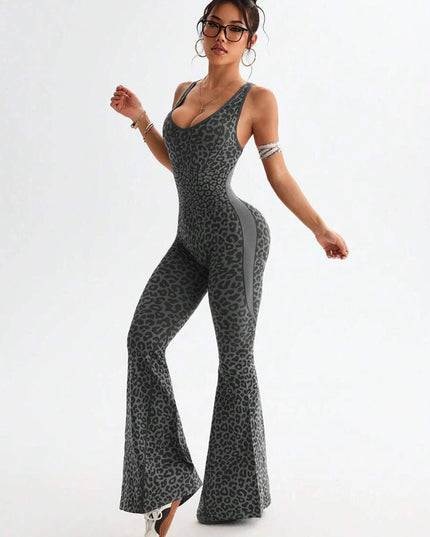 ZASUWA Female Sexy Leopard Print Hollow Out Cross Back Deep V Back Jumpsuit