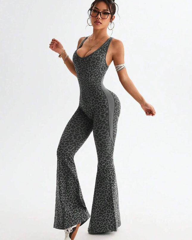 ZASUWA Female Sexy Leopard Print Hollow Out Cross Back Deep V Back Jumpsuit