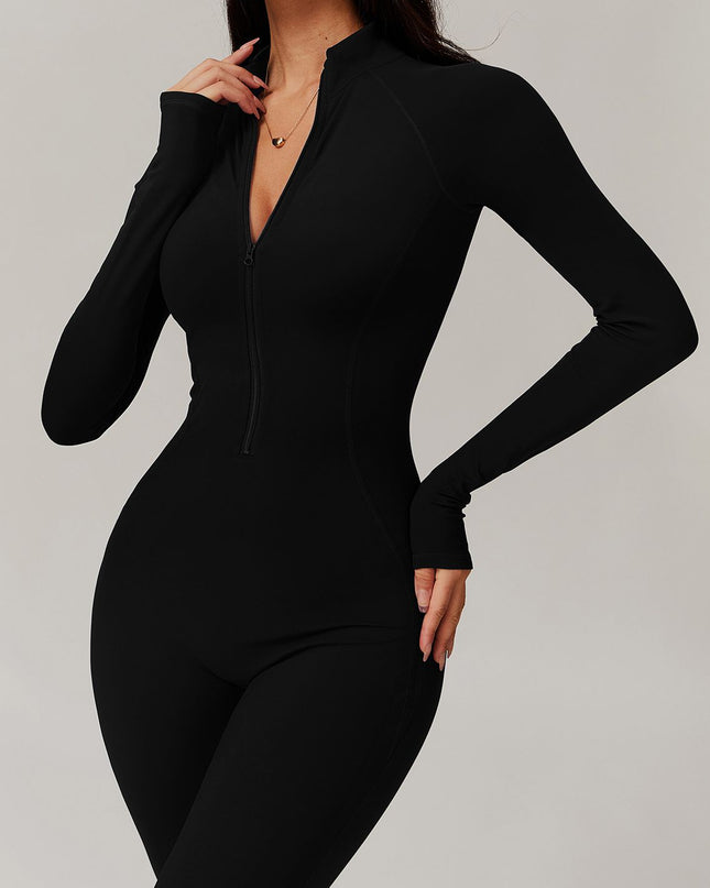 ZASUWA Female Zipper Stand Collar Coral Fleece Long-Sleeved Jumpsuit