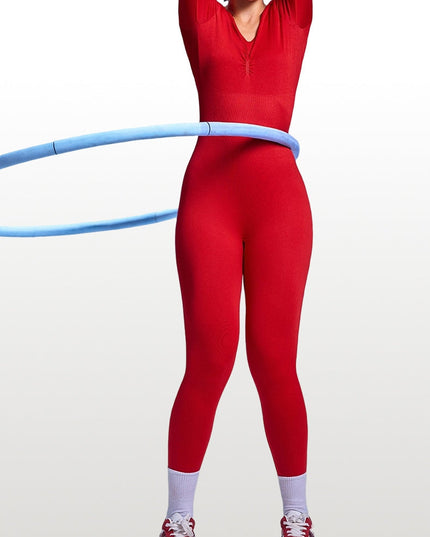 ZASUWA Female Red Backless Ribbed Deep V Back Long Sleeves Jumpsuit