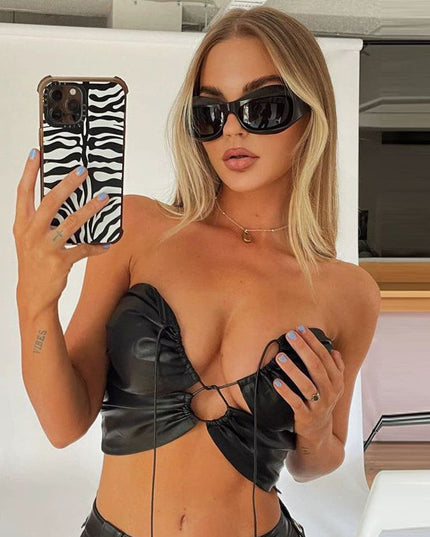 ZASUWA Female Sexy Faux Leather Backless Lace-up Sports Bras