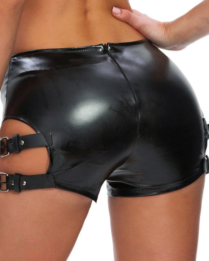 ZASUWA Female Sexy Faux Leather Hollow Out with Metal Booty Shorts