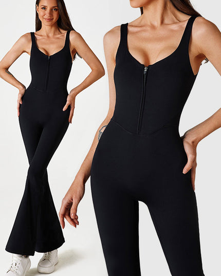 ZASUWA Female Solid Color Zipper Flare Seamless Jumpsuit