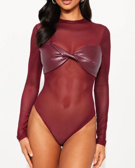 ZASUWA Female Sexy Mesh Panel Leather Bodysuit