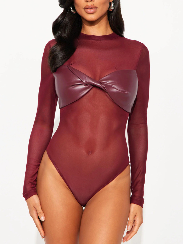 ZASUWA Female Sexy Mesh Panel Leather Bodysuit