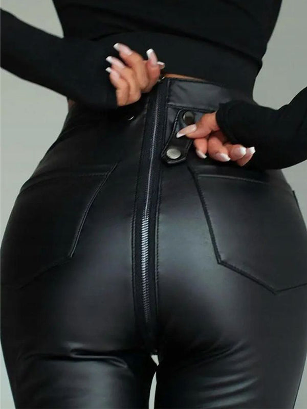 ❤ZASUWA Female Faux Leather Zipper Buttons Pocket Leggings