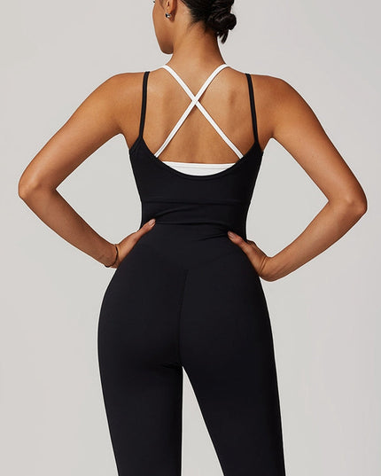 ZASUWA Female Contrast Color U Collar Cross Back Jumpsuits