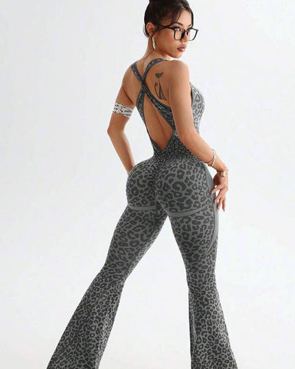 ZASUWA Female Sexy Leopard Print Hollow Out Cross Back Deep V Back Jumpsuit