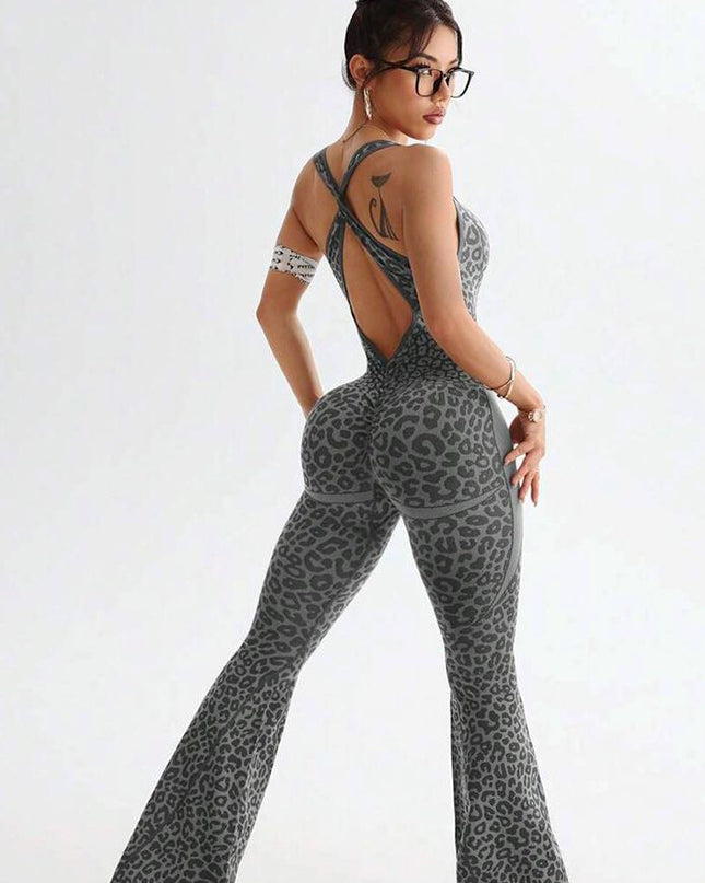 ZASUWA Female Sexy Leopard Print Hollow Out Cross Back Deep V Back Jumpsuit