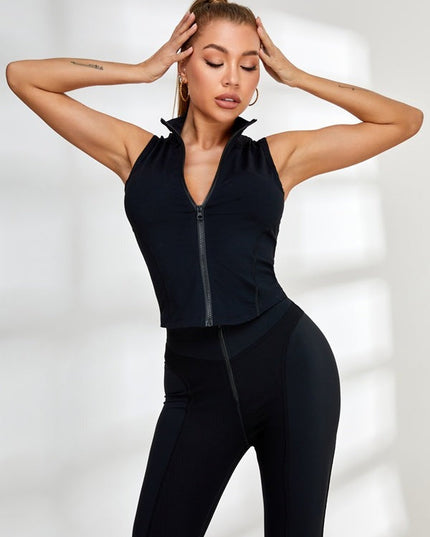 ZASUWA Female Solid Color Stand Collar Zipper Ribbed Tracksuit