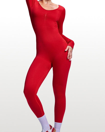 ZASUWA Female Red Backless Ribbed Deep V Back Long Sleeves Jumpsuit
